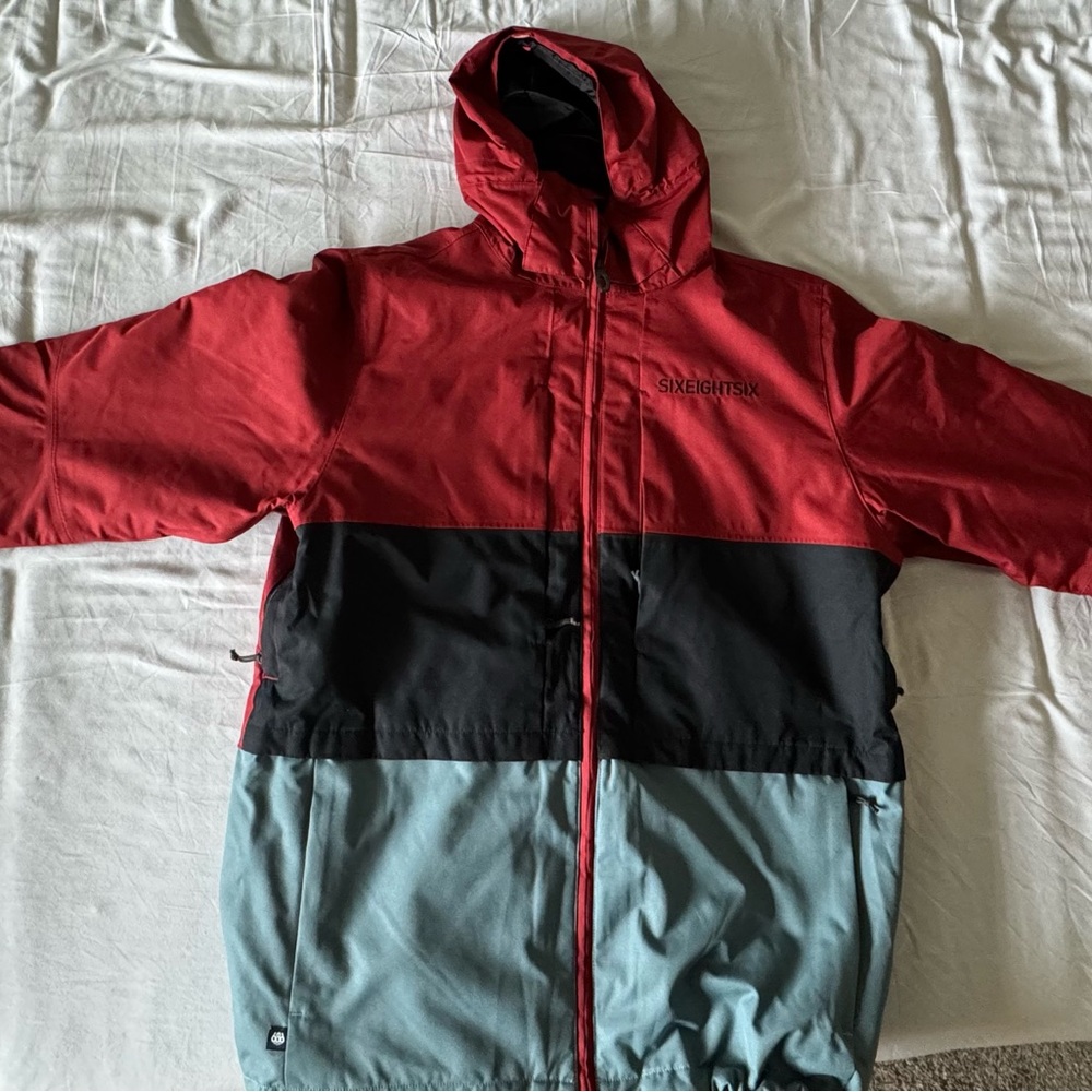 686 Men's Ski Jacket Red Black Teal Colorblock